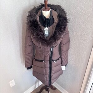 Noize Gigi Vegan Faux Fur Trim Quilted Parka Coat, Size Medium (8-10), Mocha NWT